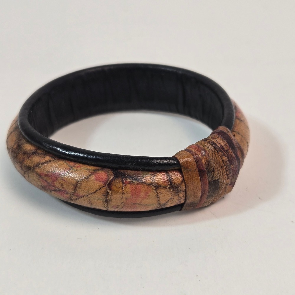 Vintage Handcrafted Leather Bangle Bracelet Mottled Earth Tone Boho Cuff